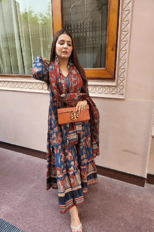 Aastha Fashion Women's Printed Cotton Blue Kurti With Pant And Dupatta By Srf Jaipur Cozy Jogger Leggings