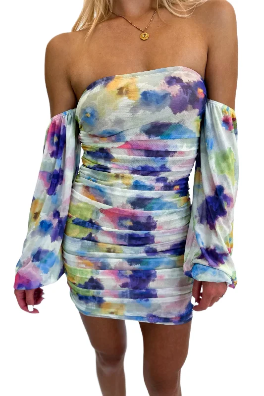 Watercolors Long Sleeve Mini Dress Comfortable Boho Mini Dress
