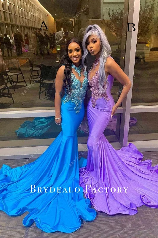 Ocean Blue Lace Jersey Horsehair Mermaid Long Train Prom Dress Tunics Lace romantic
