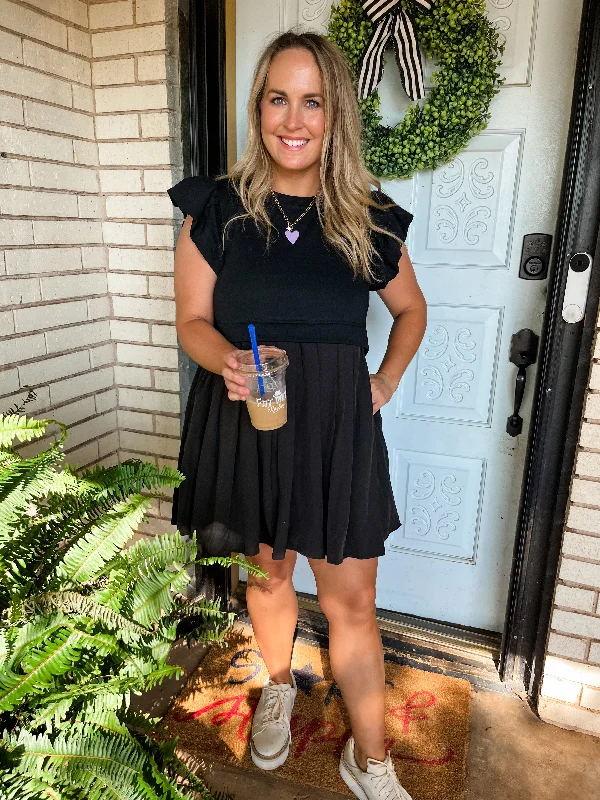 Solid Round Neck Twofer Mini Dress - Black Comfortable Wrap Mini Dress