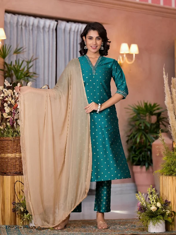 Juniper Women's Rama Green Ethnic Motif Printed Cotton Kurta Pant And Dupatta Set With Zari Work Comfy Zip-Up Pants