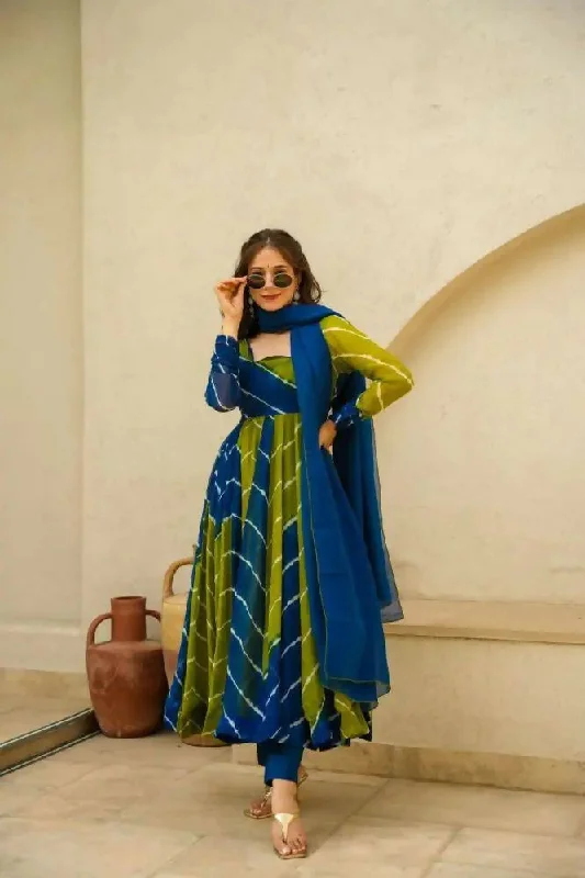 Preksha Creation Indian Festival Special  Leheriya Gown With Dupatta And Pant - Blue Fashionable Sporty Pants
