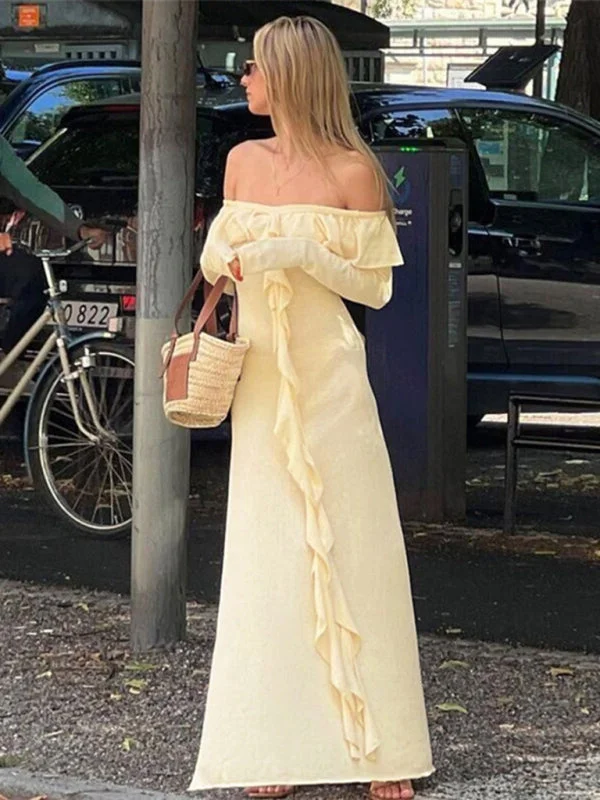 Women's fashionable one-piece neckline slim-fitting high-slit leg-showing long dress Tunics Favorite customer