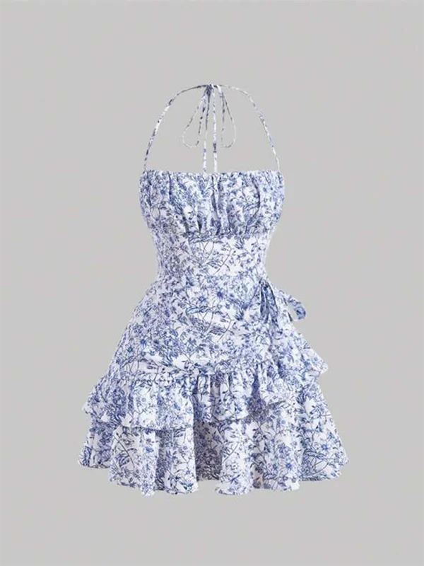 Blue Zone Planet |  Women's Dress Floral Ruffles Halter Neck Sexy Waist Skirt Crew Neckline Sporty