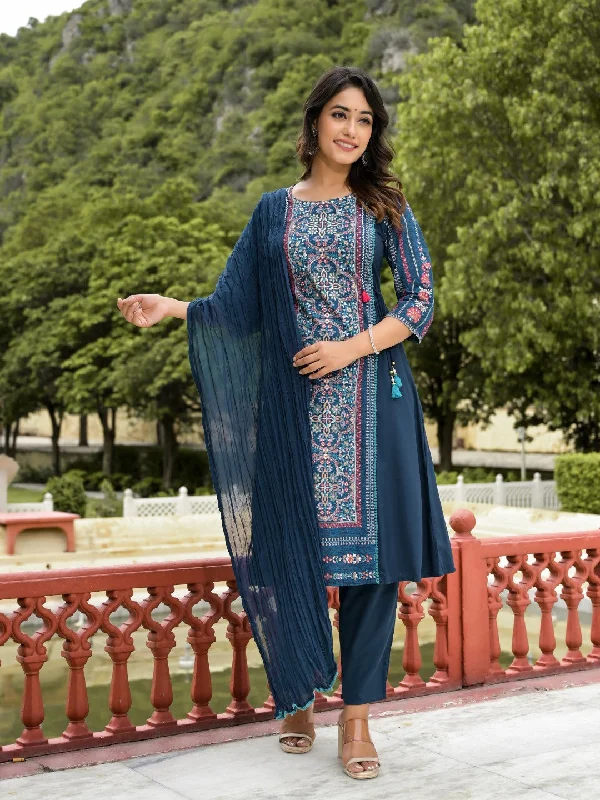 Juniper Women's Blue Floral Printed Liva Rayon Kurta Pant & Dupatta Set With Doris At Waist & Thread Work & Tassels Soft Sweatpants Style