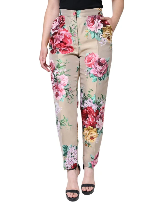 Dolce & Gabbana  Floral Print High Waist Silk Pants Warm Wool Trousers