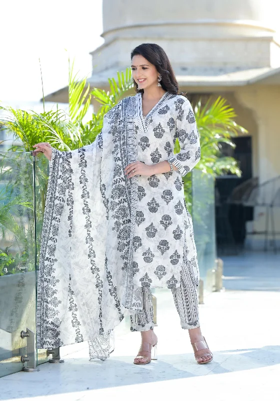 Juniper Women's Grey Floral Printed Cotton Kurta Dhoti Pant & Dupatta Set Trendy Printed Pants