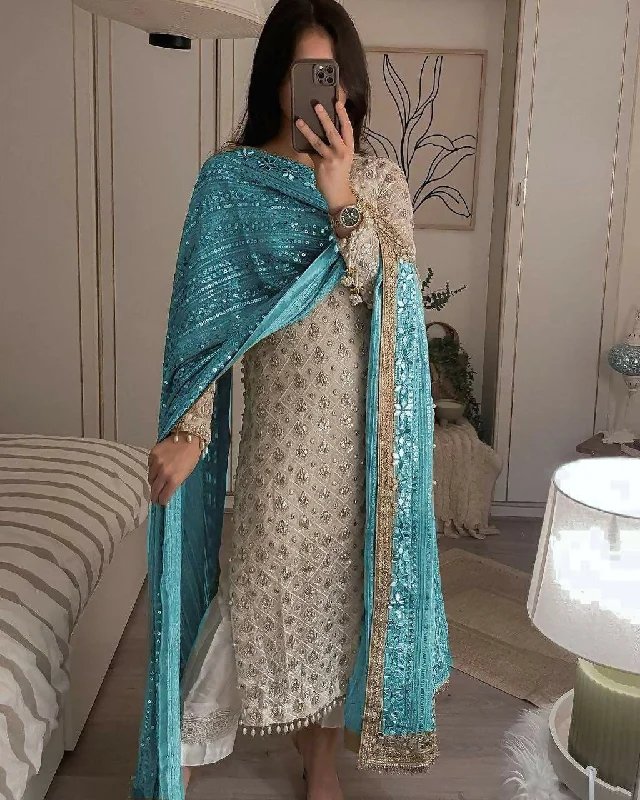 Preksha Creation Indian Fancy Women Sky Blue Faux Georgette Sequence Embroidered Work Top and Pant With Dupatta Slim-Fit Khaki Pants