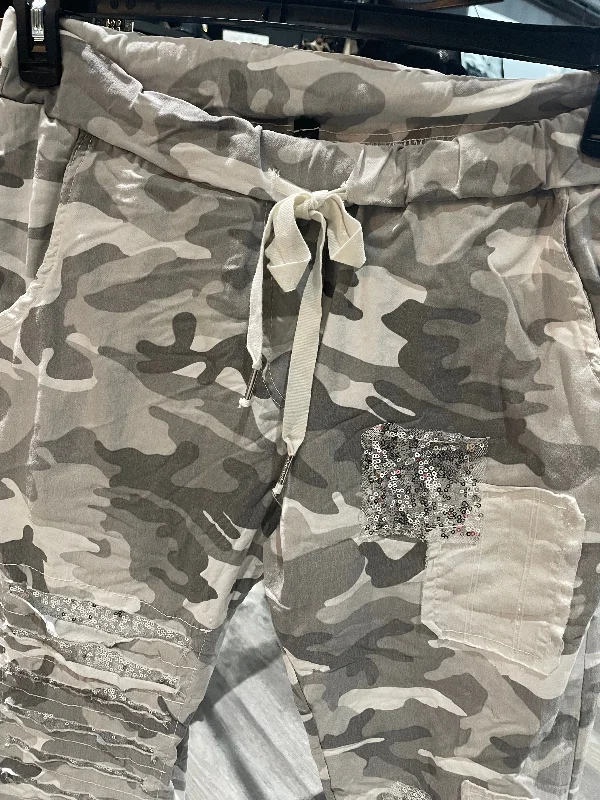 Camouflage Crinkle Jogger pants w/ Sequin Patches Comfy Zip-Up Pants