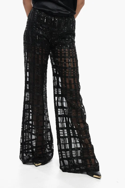 Alberta Ferretti Georgette Pants with Embroidered Check Motif 40 Italian size Classic Chino Pants