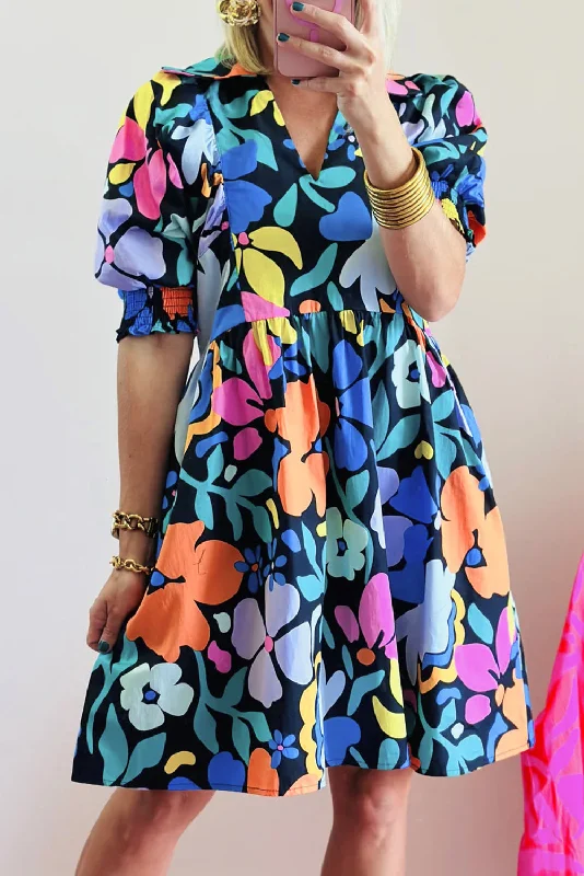 Blue Zone Planet |  Blue Collared Split Neck Floral Flared Dress Tunics Leisure comfortable