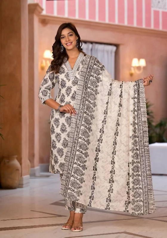 Juniper Women's White Floral Printed Cotton Kurta Dhoti Pant & Dupatta Set Sleek Black Pants