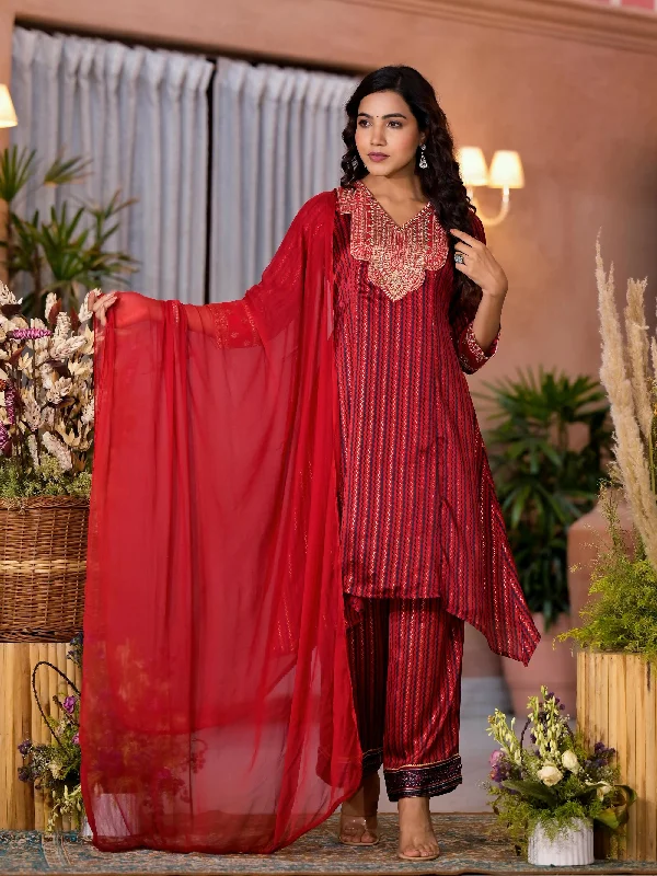 Juniper Women's Red Geometric Printed Satin Asymmetrical Kurta Pant And Dupatta Set With Zari & Mirror Work Fashionable Tapered Leg Pants