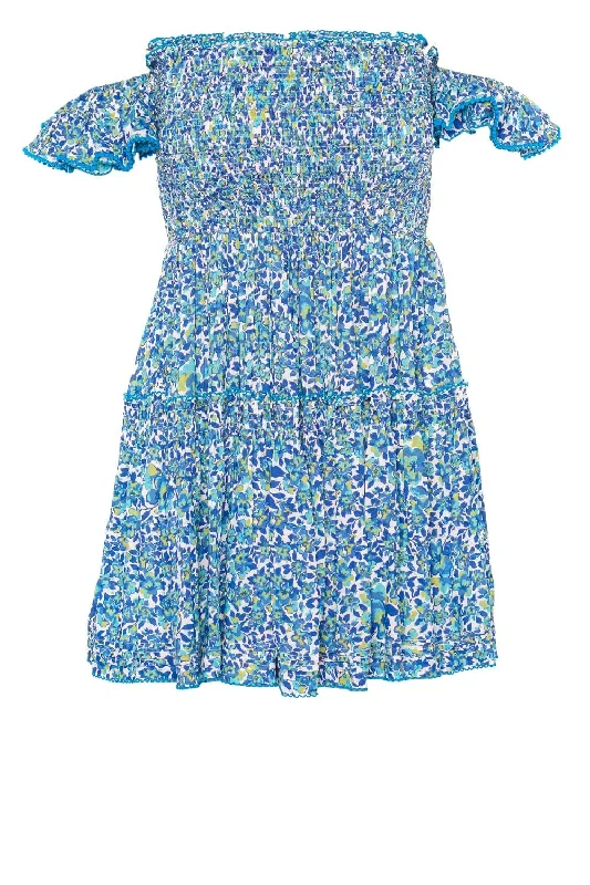 Aurora Blue Net Smocked Mini Dress Cozy Cotton Mini Dress