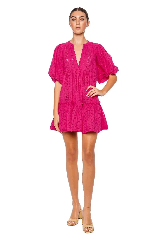 Aria Fuchsia Eyelet Mini Dress Comfortable Fit-and-Flare Mini Dress