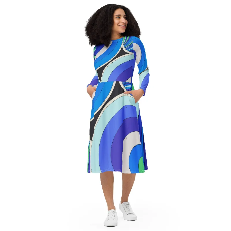 Dress Long Sleeve Braniff Pucci Design 1972 727 Braniff Place Blue Collection Boat Neckline Classic