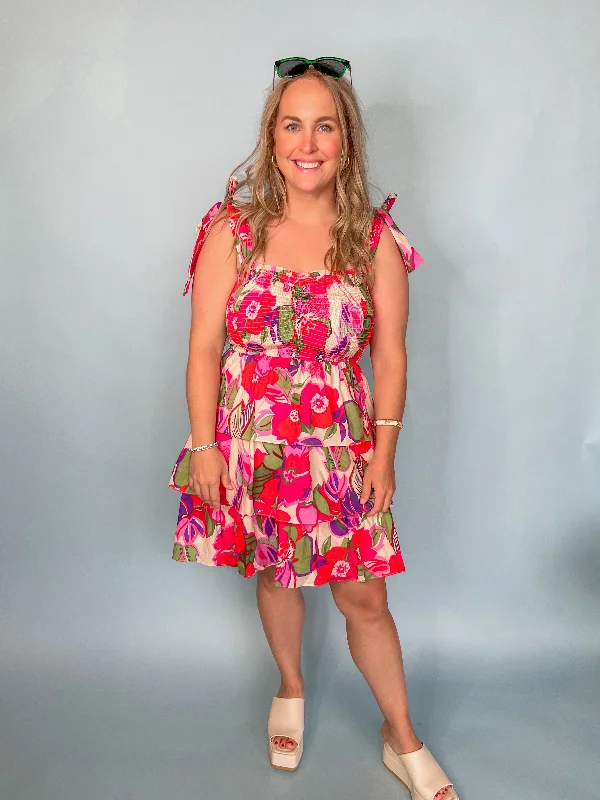 Floral Print Self-Tie Mini Dress - Pink Cozy Jersey Mini Dress