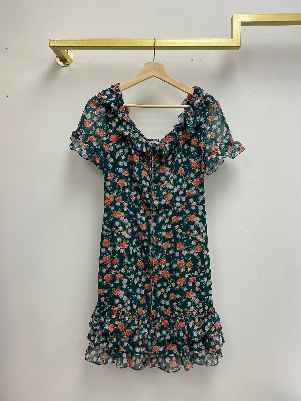 Short Sleeve Green Floral Mini Dress with Ruffles Casual Button-Up Mini Dress