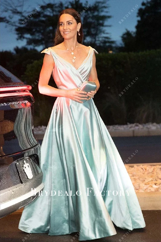 Kate Middleton Ice Blue Satin V-neck Dress Bahamas Reception 2022 Tunics Trendy modern