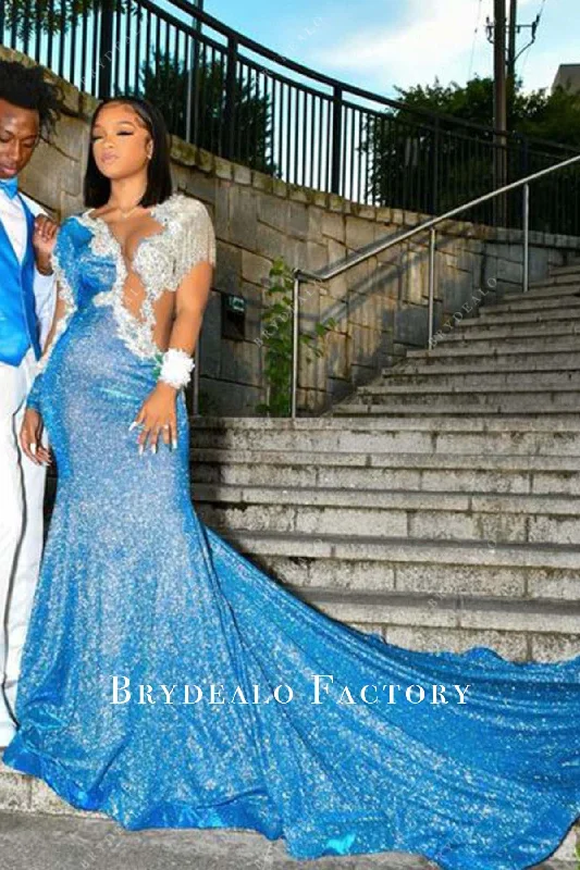 Blue Sequin Silver Fringes Mermaid Long Train Prom Dress Tunics Trousers formal