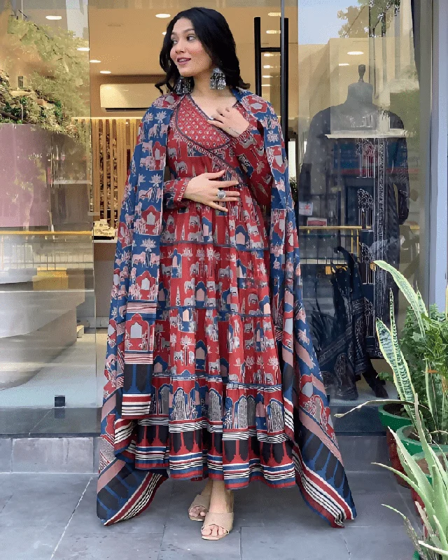 Aastha Fashion Women's Printed Cotton Maroon Kurti With Pant And Dupatta By Srf Jaipur Slim Fit Casual Pants