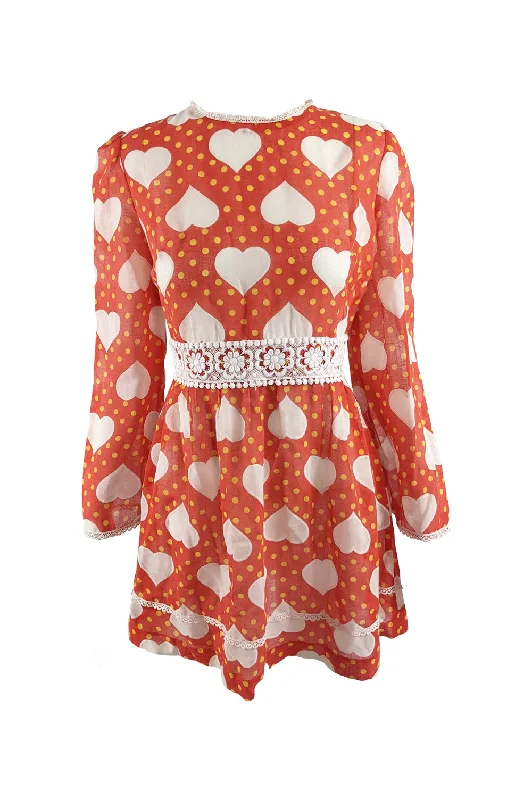 Vintage Sheer Love Heart Pattern Voile Mini Dress, 1960s Comfortable Polka Dot Mini Dress