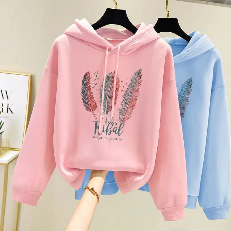 Women Fashion Feather Printed Hoodies Autumn Winter Plus Velvet Casual Loose Sweatshirt Hoodie with Back Slit Movement Comfort