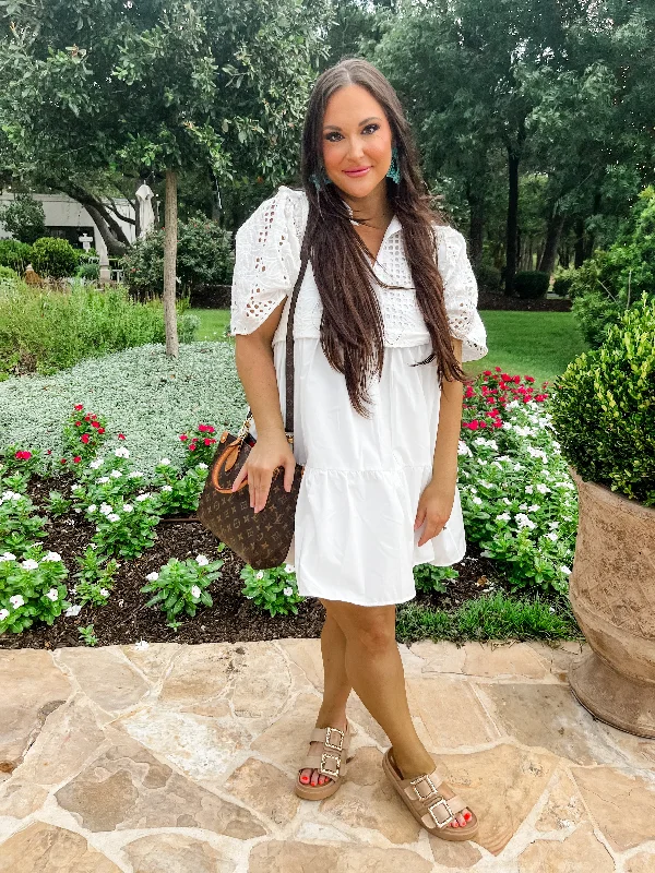 Eyelet Collared Mini Dress- White Comfortable Zip-Up Mini Dress