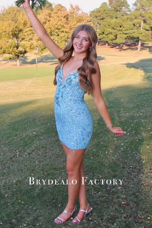 Sparkly Sequined Blue Strapless Mini Homecoming Dress Off-the-shoulder Chic Trendy