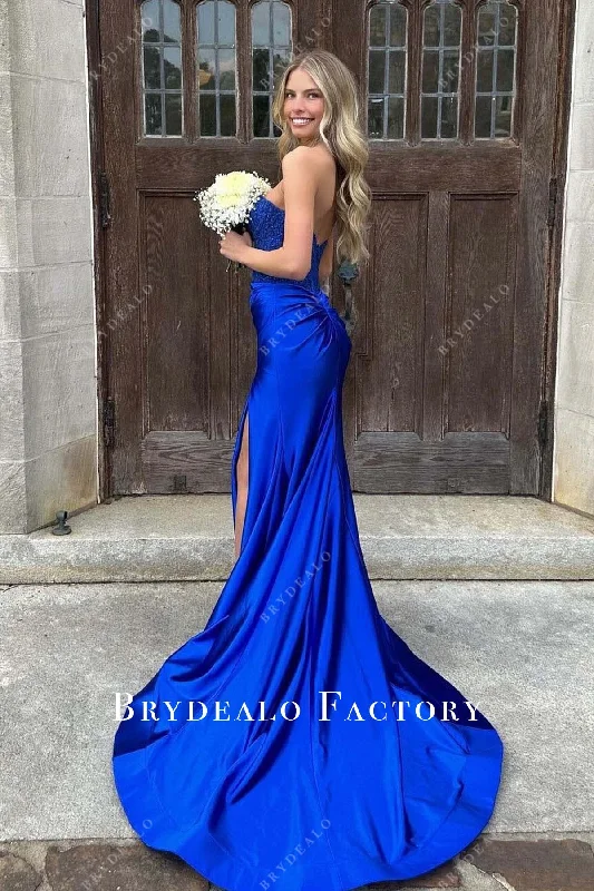Royal Blue Strapless Lace Appliques Split Homecoming Dress Tunics Gym athletic