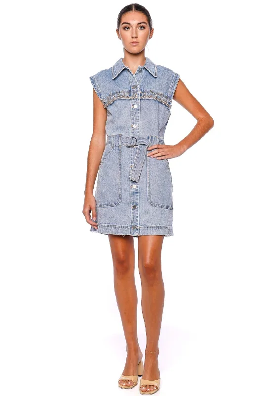 Atrina Embellished Denim Mini Dress Cozy Cowl Neck Mini Dress