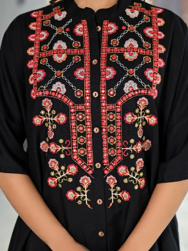 Juniper Women's Black Thread Embroidered Liva Rayon Tunic Pant Set With Mirror Work & Buttons Classic Cropped Pants