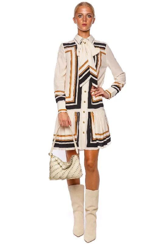 Tie Neck Long Sleeve Mini Dress Chic Pleated Mini Dress