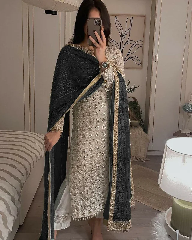 Preksha Creation Indian Fancy Faux Georgette Sequence Embroidered Work Top and Pant With Dupatta - Black Soft Stretch Leggings