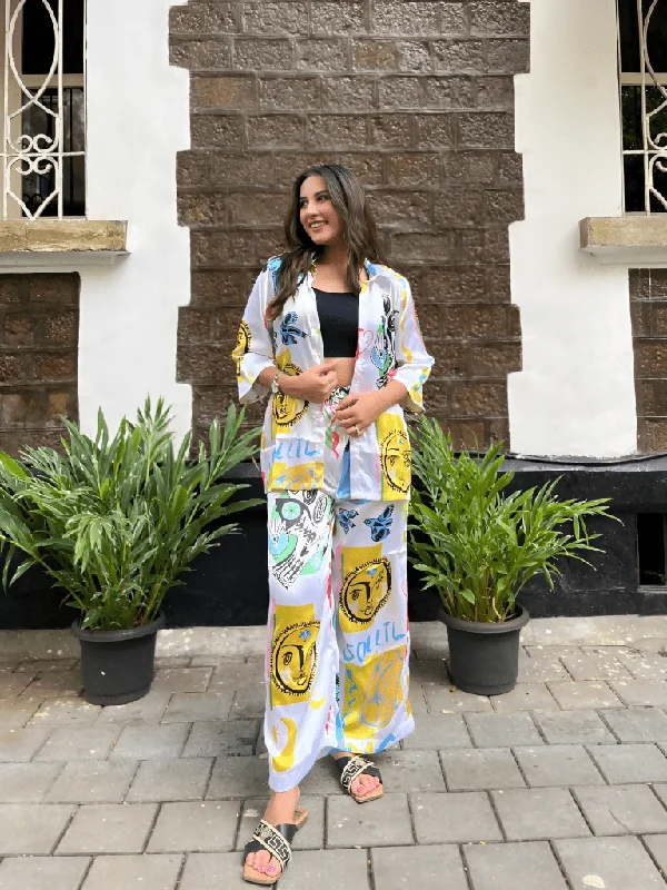 Aastha Fashion Women's Printed Muslin White Yellow Kurti With Pant (Cord Set) By Srf Jaipur Soft Stretch Leggings