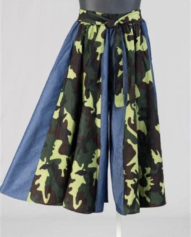 Denim and Print Pleated Wide Leg Pants Cozy Full-Length Pants