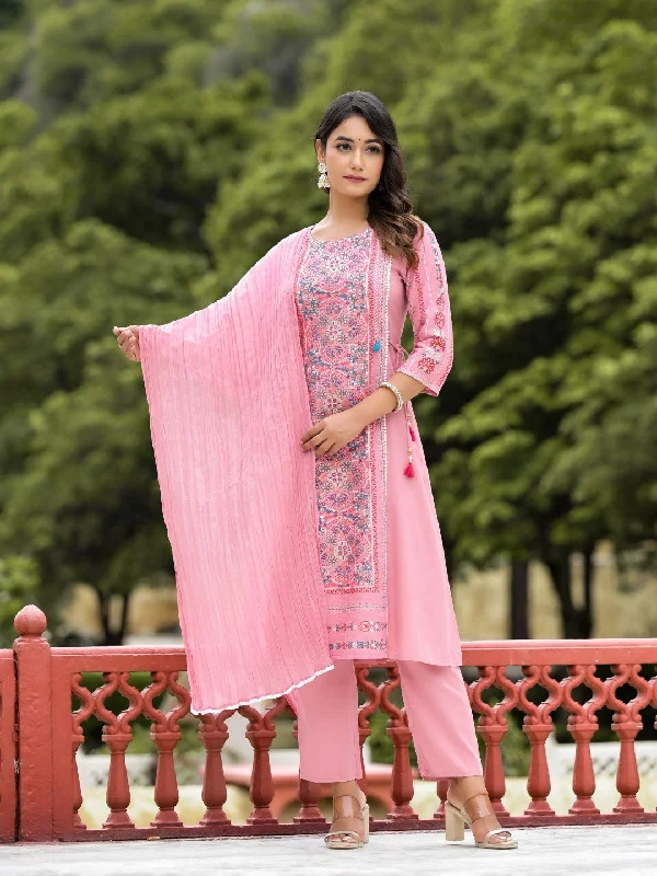 Juniper Women's Peach Floral Printed Liva Rayon Kurta Pant & Dupatta Set With Doris At Waist & Thread Work & Tassels Trendy High-Waist Trousers