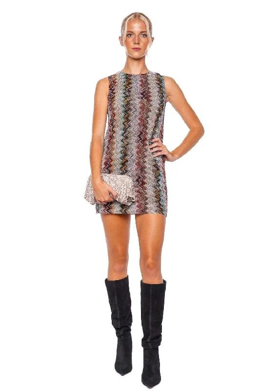 Zig Zag Metallic Sleeveless Mini Dress Trendy Cut-Out Mini Dress