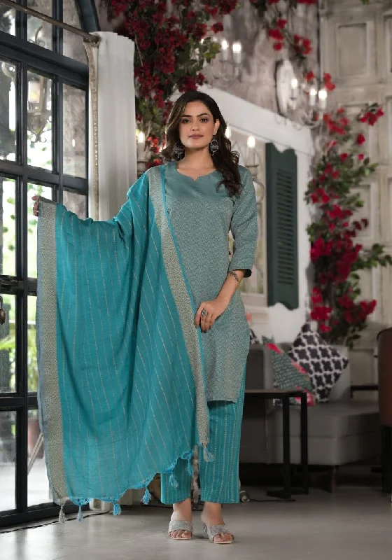 Juniper Women's Sky Blue Geometric Printed Cotton Kurta, Pant With Tassels On Dupatta Comfortable Maternity Pants