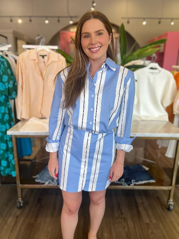 Stripe Power Shoulder Mini Dress in Powder Blue Stylish Sweetheart Neck Mini Dress