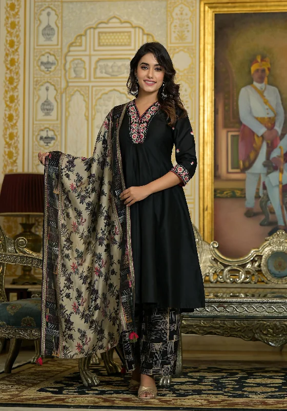 Juniper Women's Black Thread Embroidered Viscose Kurta Pant And Dupatta Set With Abstract Printed Pants Comfortable Jogging Pants