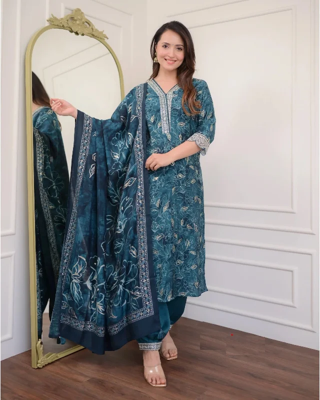 Indian Fashion Women Morepeach Embroidery Viscose Rayon Kurta, Pant And Dupatta Set Cozy Full-Length Pants