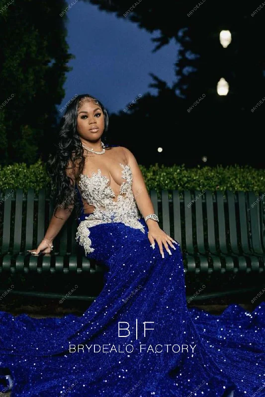Illusion Plunging Neck Royal Blue Stretchy Sequin Mermaid Prom Dress Tunics Sophisticated sleek