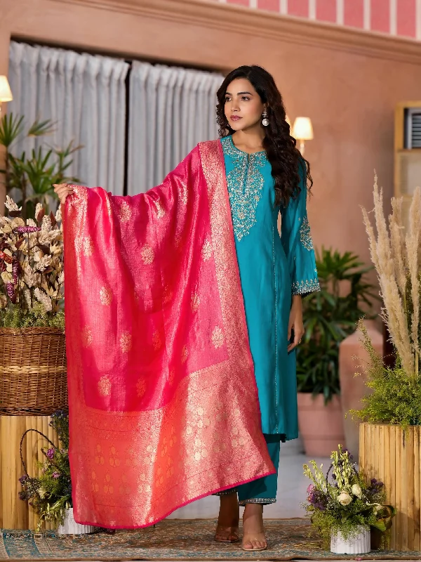 Juniper Women's Turquoise Zari Embroidered Viscose Kurta Pant And Dupatta Set With Lace & Mirror Work Cozy Lounge Pants