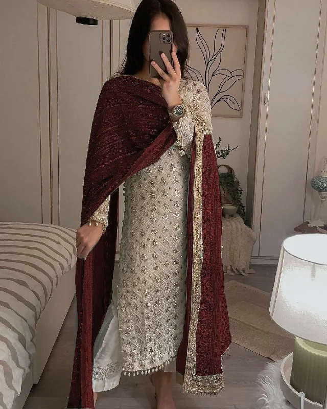 Preksha Creation Indian Fancy Women Red Faux Georgette Sequence Embroidered Work Top and Pant With Dupatta Fashionable Button-Up Pants