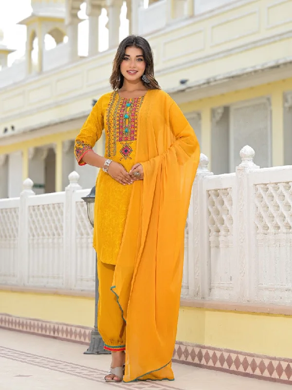 Juniper Women's Mustard Ethnic Motif Printed Kurta, Pant And Dupatta Set With Tassels & Buttons. Comfortable Denim Trousers