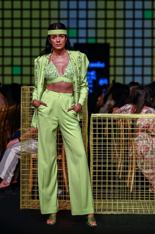 Lime Green Straight Fit Pants Wide-Legged Palazzos
