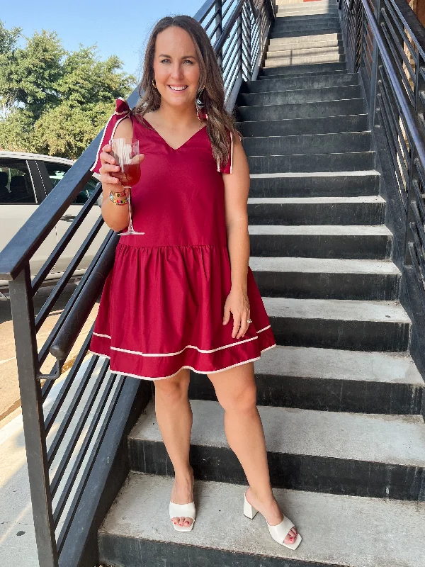 Solid V-neck Self Tie Mini Dress- Crimson Stylish Summer Mini Dress