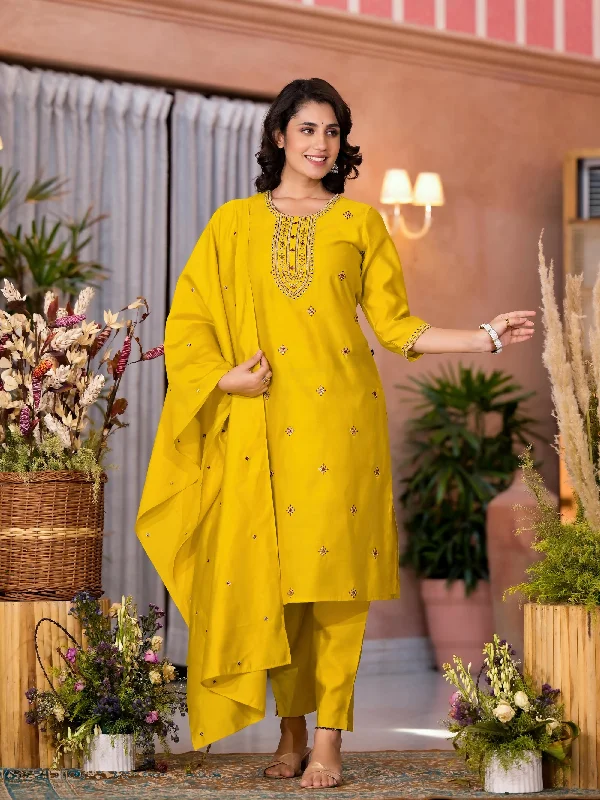 Juniper Women's Yellow Thread Embroidered Viscose Kurta Pant And Dupatta Set With Zari Work Chic Wool Trousers