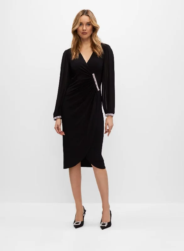Crystal Front & Cuff Dress Crew Neckline Casual